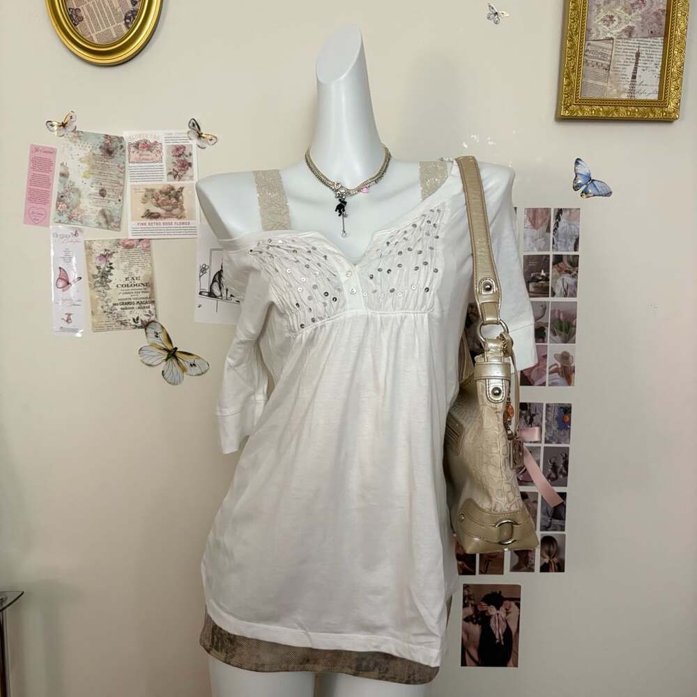 Zoey & Beth White Sequin Henley Babydoll Top Womens M Y2K Coquette Lace Trim Off